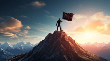 A man triumphantly standing on a mountain peak, waving a flag
