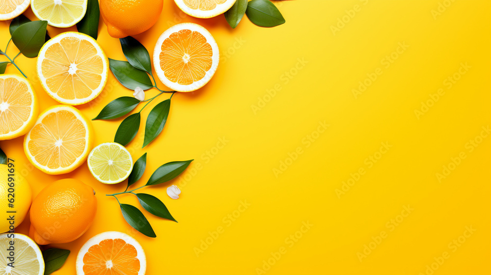 Wall mural abstract composition of orange lemon slices and green leaves on a yellow background. generative ai.