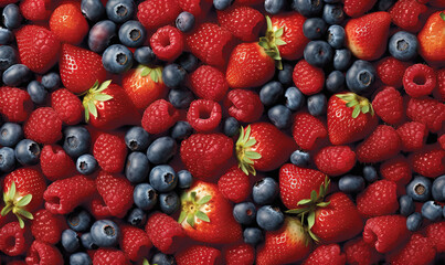  a bunch of strawberries and blueberries are arranged together.  generative ai