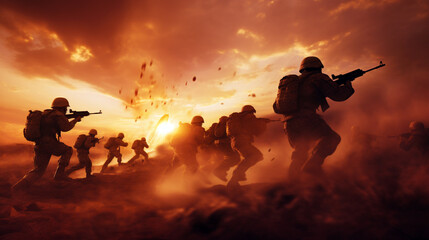 battle, a group of soldiers go on the attack at sunset. Generative Ai. 