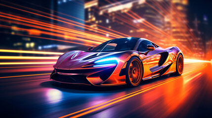 fast car on the road illuminated by neon lights. Generative Ai. 
