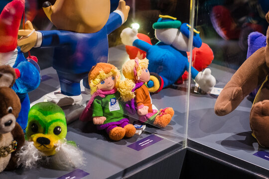 Tartu, Estonia - June 10, 2023: Olympic mascot doll Hakon and Kristin from  Lillehammer, Norway 1994. Collection of official symbolic toys from Olympic Games.