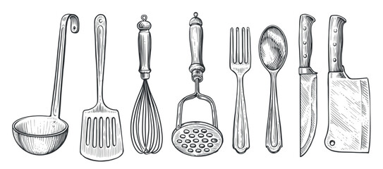 Set of kitchen tools for cooking. Sketch vintage vector illustration for restaurant or diner menu