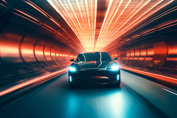 Plakat An eco-friendly electric car journeys through a tunnel, its embedded solar panels converting sunlight into electricity as it travels. Generative AI