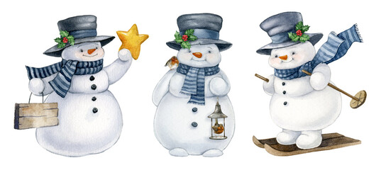 Watercolor hand-drawn three funny snowmen set. Winter Christmas holidays card. Cute snowman in a hat and scarf with birds, ski, star, and a wooden sign.Merry Christmas postcard