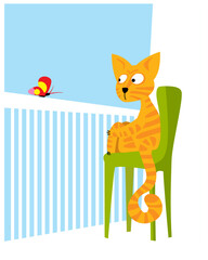 A striped red cat sits on the balcony and watches a butterfly. Cartoon image for prints, poster and illustrations.