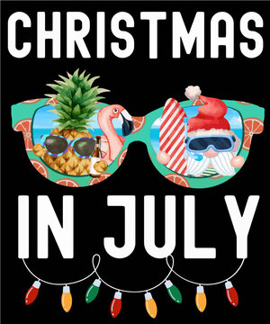 Funny sunglasses with Santa Claus, surfboard, pineapple and flamingo for summer feeling and the saying Christmas in July