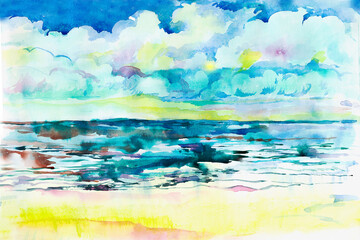 Watercolor seascape. A colorful picture. Sea waves. Ocean view. Blue water. Beaches and good weather. Walk along the beach. Sky, clouds. Blue water, yellow sand.