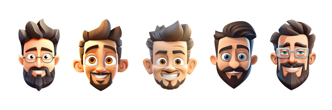 Set of 3d Headshots of Men of different age and ethnicity, 3d Cartoon headshot, face 3d, People avatar collection, Set of Cartoon character face, 3d render, beard men headshot, 3d headshot render