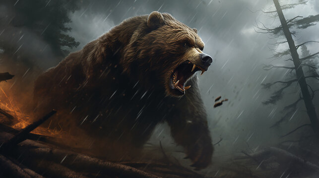 urso  determinado na tempestade da floresta