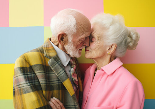 An Elegantly Dressed In-love Couple Of Adorable Elderly People Are Hugging And Loving Each Other Against Colorful Geometric Backdrop. Love Knows No Age Concept. Generative AI.