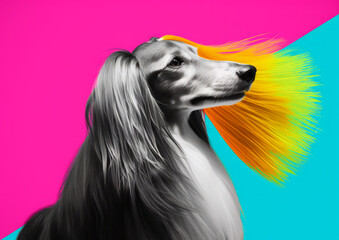 A beautiful Afghan hound with long and groomed hair poses in the style of an eighties rock star against colorful backdrop. Bright colors and decorative clothing. Generative AI.