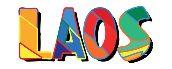 LAOS. Bright cartoon color doodle isolated typographic inscription, Illustrated text. Country name LAOS for print, travel resources, social network, adv banner, t-shirt design.