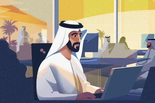 Illustration of arab man is working at a business desk with a laptop