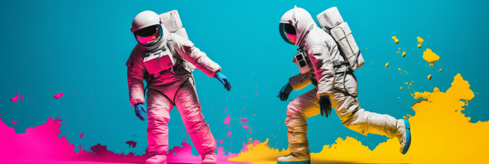 Two astronauts are walking in front of a colorful garish background. Cover photo. Generative AI.
