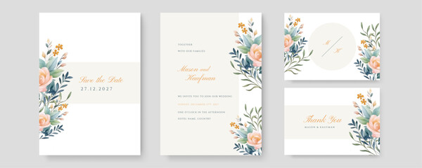 Fototapeta na wymiar White green pink Elegant wedding invitation card template with watercolor and floral decoration.