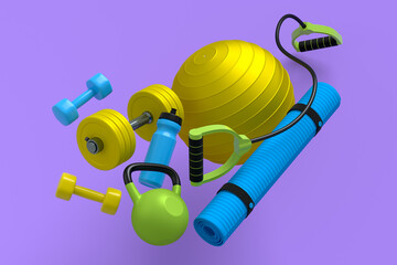 Obraz na płótnie Canvas Isometric view of sport equipment like kettlebell, dumbbell and smart watches