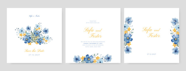 Fototapeta na wymiar White blue yellow Watercolor wedding invitation card template with floral and leaves decoration