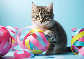 Fototapeta na wymiar An adorable little kitten is playing with a colorful ball of decorative ribbons. Time for play concept. Generative AI.
