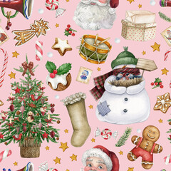 Christmas seamless pattern,Santa head,snowman,Christmas tree, gift box, sweets, berries,holly leaves, on pink background.Traditional vintage style gift wrap design.Hand-drawn watercolor digital paper