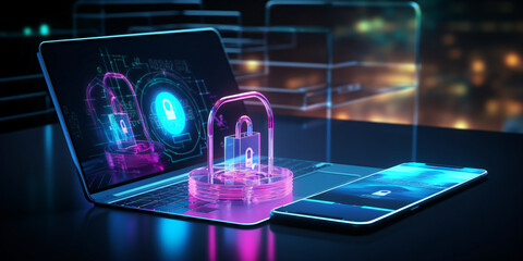 Cyber-Sicherheitskonzept mit mit Laptop Neon modern Stil - und Vorhängeschloss-Symbol - mit KI erstellt - obrazy, fototapety, plakaty