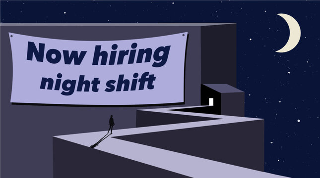 A female job seeker pauses before applying for a factory job that is for night shift, 3rd shift, jobs. Higher pay, terrible hours. This is a 3-d illustration.