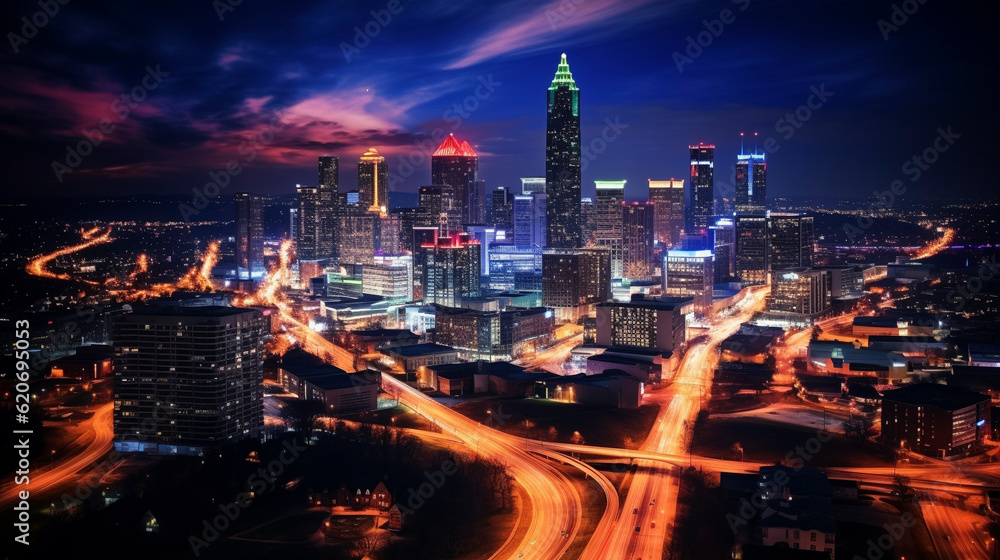 Poster drone photo of atlanta georgia city at night long exposure for traffic blur taken with dji mini 3 pr