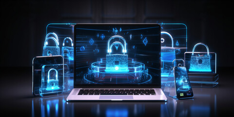 Cyber-Sicherheitskonzept mit Handy, Laptop, Tablet - und Vorhängeschloss-Symbol auf den Bildschirm - mit KI erstellt - obrazy, fototapety, plakaty