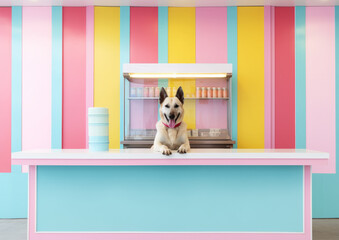 An adorable dog is the owner of a snack bar or candy store in the style of the 80s. Portrait of a dog posing behind the counter. Generative AI