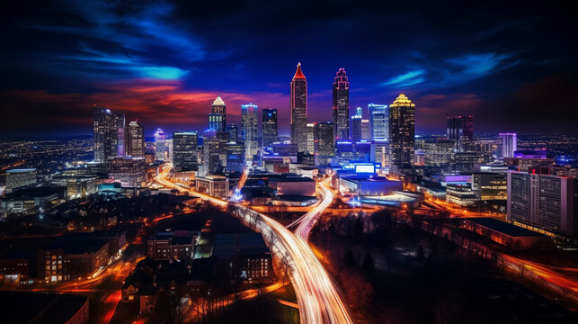 Fototapeta Drone photo of Atlanta Georgia city at night long exposure for traffic blur taken with DJI mini 3 pro