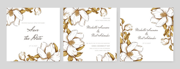 White and gold Watercolor wedding invitation template with romantic colorful floral and leaves decoration