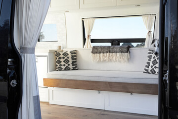 Interior of luxury Sprinter camper van sofa 