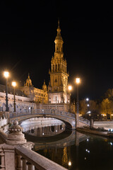 Fototapeta na wymiar Night view of the famous Plaza de España in Seville. The most emblematic place in Seville photographed at night.