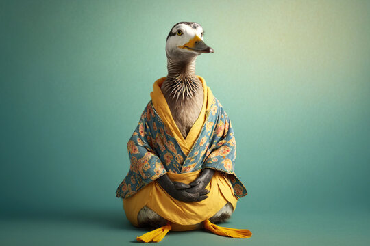 Studio portrait of duck in boho clothes doing yoga, created with Generative AI technology