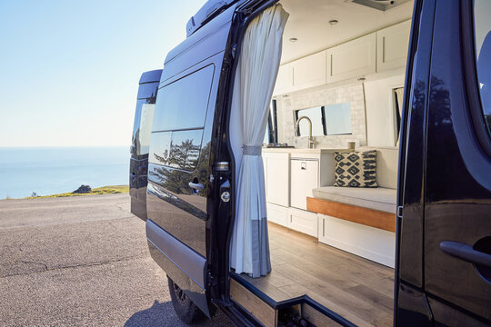 Interior of Sprinter camper van in nature in Marin County, CA