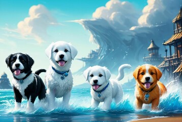 watercolor digital painting of dogs in front of the sea