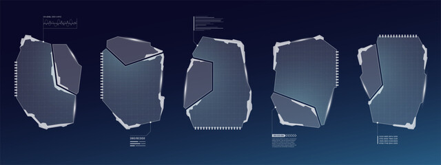 HUD digital futuristic user interface frame set. Sci Fi high tech callout screens. UX UI gaming menu touching dashboard control panels. Cyber space head-up display FUI or GUI information windows. Eps © Azat Valeev