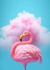 Minimal summer scene with a pink flamingo that also has multicolored feathers against a sky blue background. Generative AI