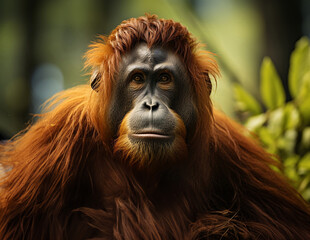 Close up of Orang Utan. Wildlife conservation concept and copy space