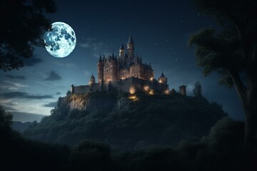 A stunning digital illustration of a castle with a full moon in a beautiful night sky. Generative AI
