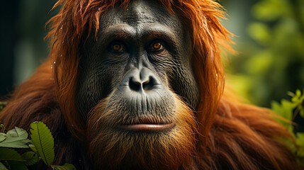 Macro view of close up of Orang Utan. Wildlife conservation concept and copy space