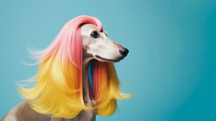Obraz na płótnie Canvas A beautiful Afghan hound with long and groomed hair poses in the style of an eighties rock star against colorful backdrop. Bright colors and decorative clothing. Generative AI.