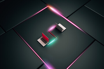 Laptops connected and collaborating with each other