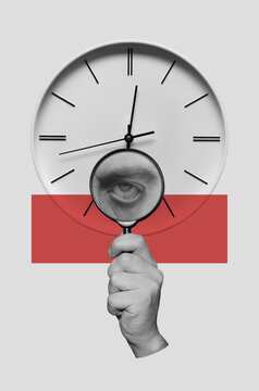 Collage art with hand holding magnifying glass and clock