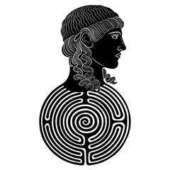 Head of antique young man on a round spiral maze or labyrinth symbol. Ancient Greek hero Theseus. Creative concept. Black and white silhouette.