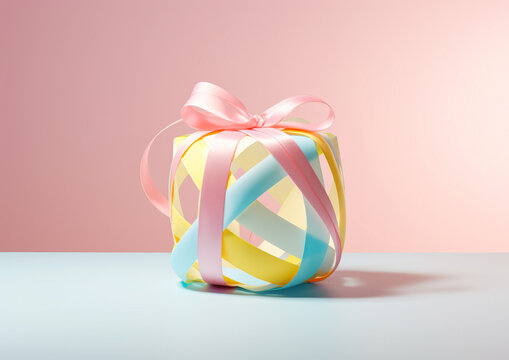 Creative composition with a ball of colorful decorative ribbons shaped like a cubic gift on a simple pastel background. It's time for giving. Generative AI.