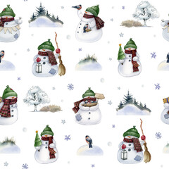 Christmas snowman seamless pattern, Christmas tree, bird,snow,winter landscape on white background.  Traditional vintage style gift wrap design.Hand-drawn watercolor digital paper