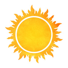 Orange sun in watercolor style, background for text. Summer sun with frame isolated on white background.