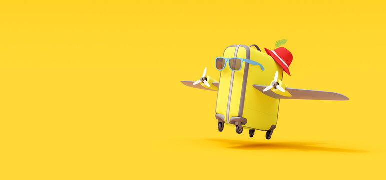 Summer travel suitcase with wings will take off. Creative minimal vacation concept idea on yellow background 3D Render