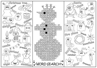 Obraz premium Christmas word search crossword puzzle. Logic game for learning English. Find the hidden Christmas words. Worksheet for children and adult. Sketch vector illustration 